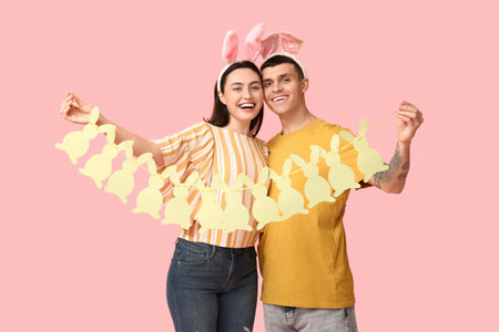 Happy young couple with Easter bunny ears and garland on pink background