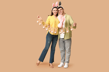 Happy young couple with Easter garland, gift and bunny ears on beige background