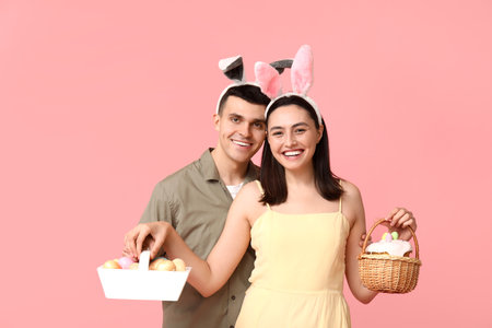 Happy young couple with Easter baskets and bunny ears on pink backgroundの写真素材