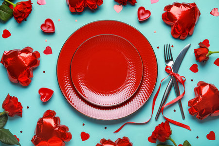 Beautiful table setting for Valentine's Day with red roses, candles and balloons on turquoise...