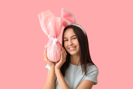 Pretty young woman with bunny ears and Easter gift on pink background