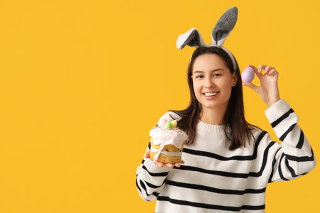 Pretty young woman with bunny ears, Easter cake and egg on yellow background