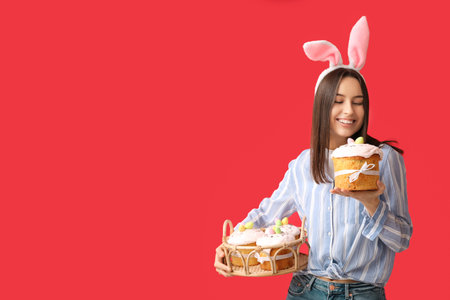 Pretty young woman with bunny ears, Easter basket and cake on red background