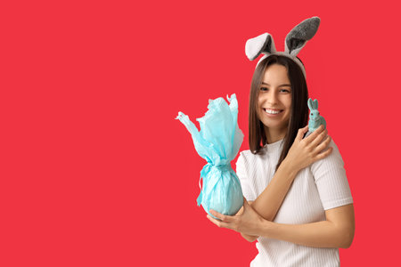 Pretty young woman with bunny ears, toy rabbit and Easter gift on red background