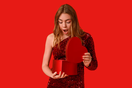 Surprised young woman opening gift box on red background. Valentine's Day celebration