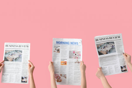 Women with newspapers on pink backgroundの写真素材