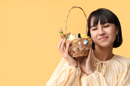 Pretty young woman holding wicker Easter basket with cosmetics on yellow backgroundの写真素材