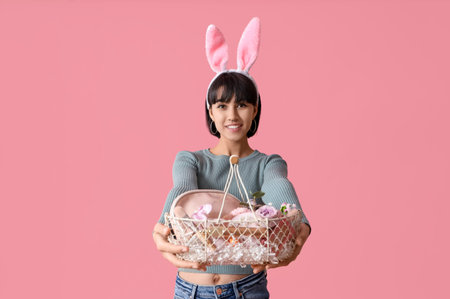 Pretty young woman in bunny ears holding Easter basket with cosmetics on pink background