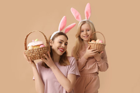 Cute little girl and her mother in bunny ears holding baskets of Easter cake with painted eggs on...