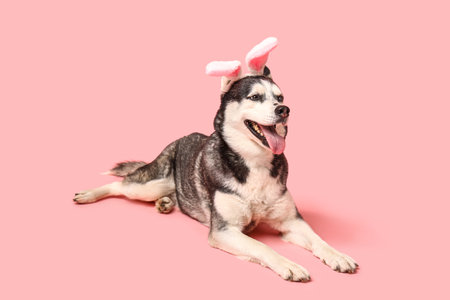 Cute Husky dog with bunny ears on pink background. Easter celebrationの写真素材