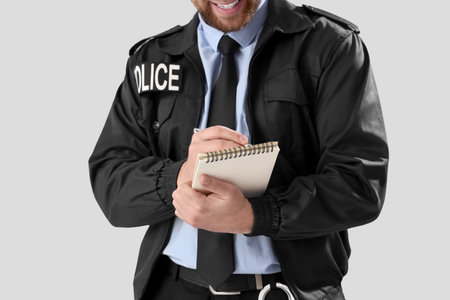 Male police officer with notebook on gray backgroundの写真素材