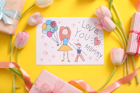 Greeting card, gift boxes and tulip flowers for Mother's Day celebration on yellow backgroundの写真素材