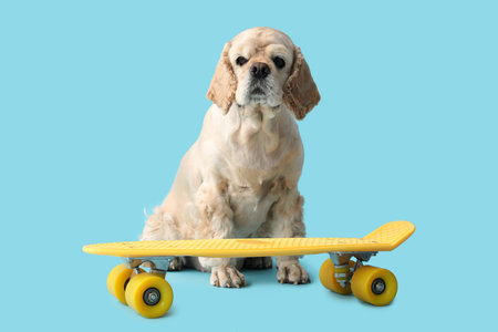 Cute Cocker Spaniel with skateboard on blue backgroundの写真素材