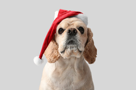 Cute Cocker Spaniel with Santa hat on gray backgroundの写真素材