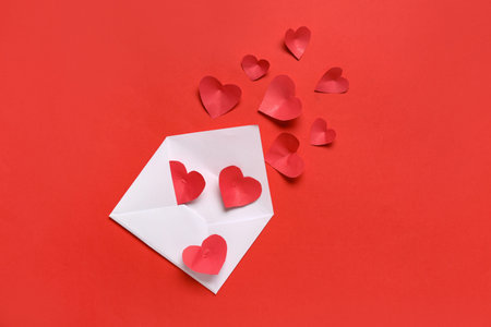 Composition with envelope and paper hearts on red background. Valentines Day celebrationの写真素材