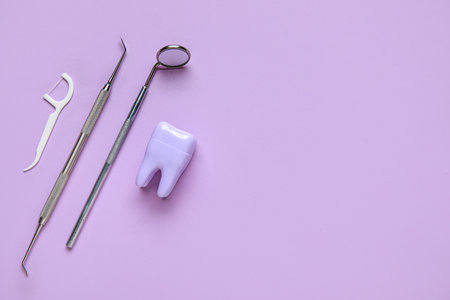 Tooth model, dental tools and floss toothpick on lilac background. World Dentist Dayの写真素材