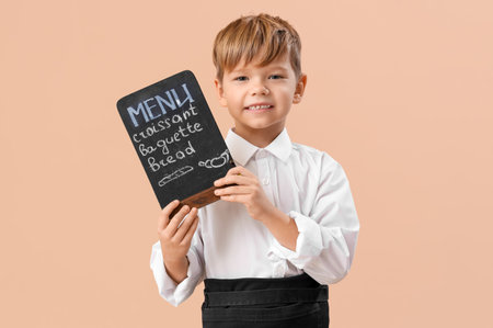 Cute little waiter with menu on beige background. Opposite Day celebrationの写真素材