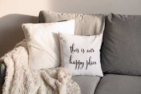 Comfortable sofa with pillows near white wallの写真素材