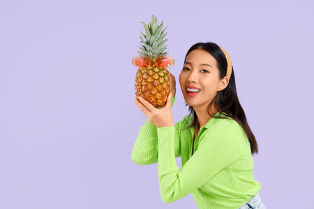 Pretty young Asian woman with pineapple and sunglasses on lilac background