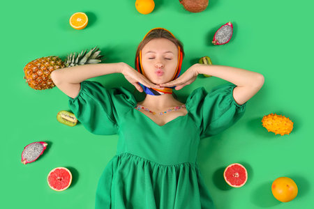 Pretty young woman and many different exotic fruits on green background, top viewの写真素材