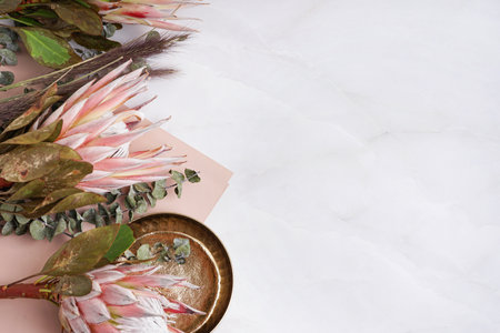 Beautiful pink protea flowers and plates on light backgroundの写真素材
