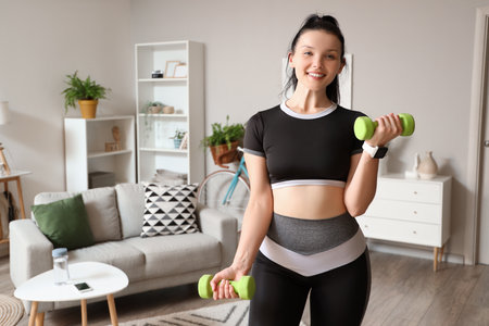 Sporty young woman with dumbbells training at homeの写真素材