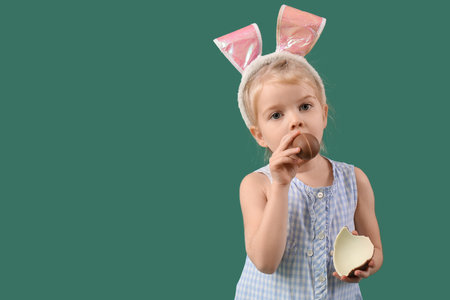 Cute little girl in bunny ears eating chocolate egg on green background. Easter celebrationの写真素材