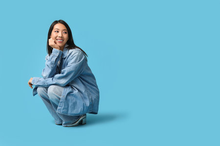 Beautiful young happy Asian woman in stylish denim clothes sitting on blue backgroundの写真素材