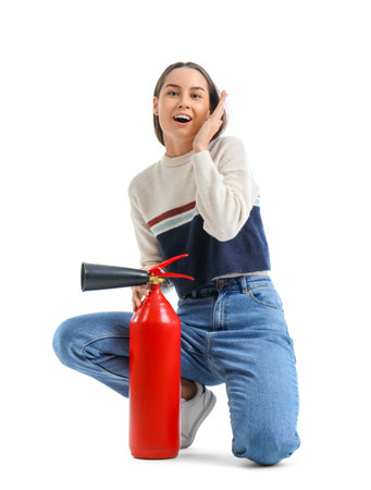 Surprised young woman with fire extinguisher on white backgroundの写真素材