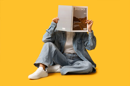 Beautiful young Asian woman in stylish denim clothes sitting on yellow backgroundの写真素材