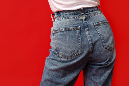 Beautiful young Asian woman in stylish jeans on red background, back view
