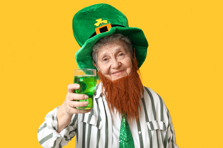 Senior woman in leprechaun hat with red beard holding glass of beer on yellow background. St. Patrick's Day celebrationの写真素材