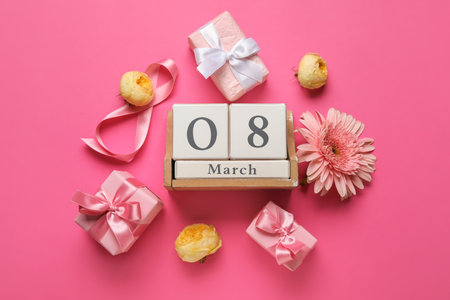Composition with cube calendar, figure 8 made of ribbon and gift boxes on pink background. International Women's Day celebrationの写真素材