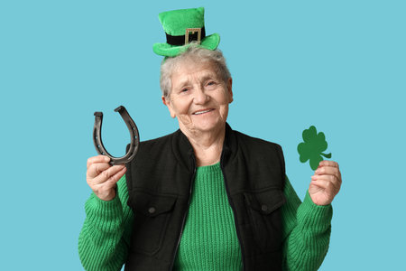 Senior woman in leprechaun hat with horseshoe and clover on blue background. St. Patrick's Day celebrationの写真素材