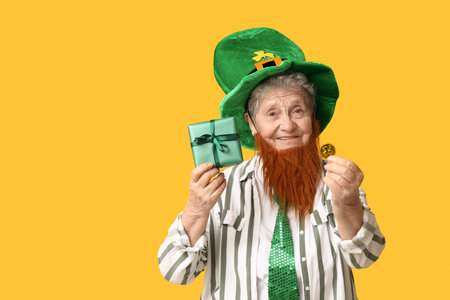 Senior woman in leprechaun hat with red beard holding gift box and coin on yellow background. St. Patrick's Day celebrationの写真素材