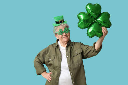 Senior woman in leprechaun hat and decorative glasses with air balloon in shape of clover on blue background. St. Patrick's Day celebrationの写真素材