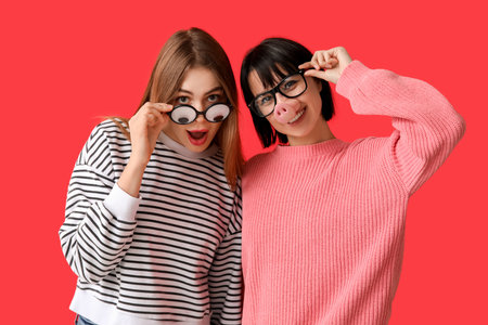 Beautiful young shocked women in funny disguise on red background. April Fools Day celebrationの写真素材