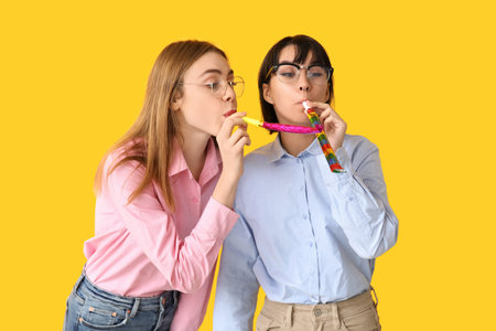 Beautiful young women with party whistles on yellow background. April Fools Day celebrationの写真素材