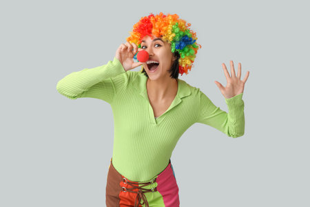 Beautiful young happy woman in funny disguise on gray background. April Fools Day celebrationの写真素材