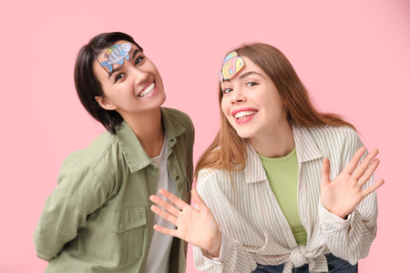 Beautiful young happy women with paper fishes attached to their foreheads on pink background. April...