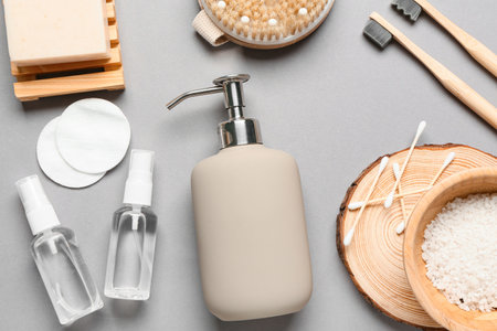 Composition with different bath supplies and cosmetics on gray backgroundの写真素材
