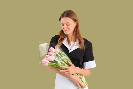 Young chambermaid with bouquet of pink tulips on green background. International Women's Day celebrationの写真素材