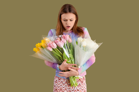 Young woman with bouquets of tulips on green background. International Women's Day celebrationの写真素材
