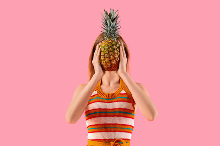 Pretty young woman hiding face behind pineapple on pink backgroundの写真素材
