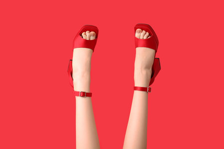 Legs of beautiful young woman in stylish high heels on red backgroundの写真素材
