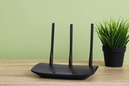 Modern wi-fi router and plant on table near green wall, closeupの写真素材