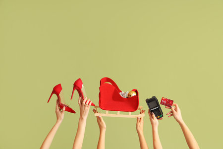 Female hands with payment terminal, shoes and Christmas decor on green background. New year shopping conceptの写真素材