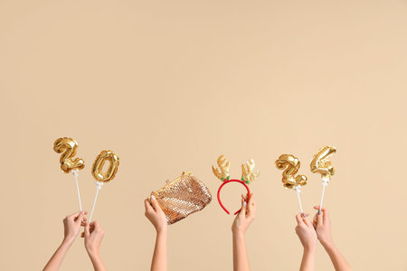 Female hands with bag and figure 2024 on beige background. New year shopping concept