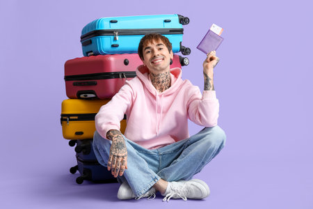 Happy young man with passport and ticket sitting near suitcases against lilac backgroundの写真素材