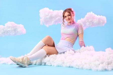 Young woman with white clouds sitting on blue backgroundの写真素材